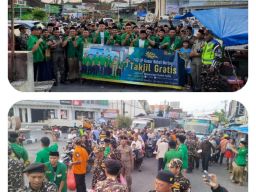 Pimpinan Anak Cabang Gerakan GP Ansor Kecamatan Babat Gagi Bagi Takjil di Tugu Wingko Babat.