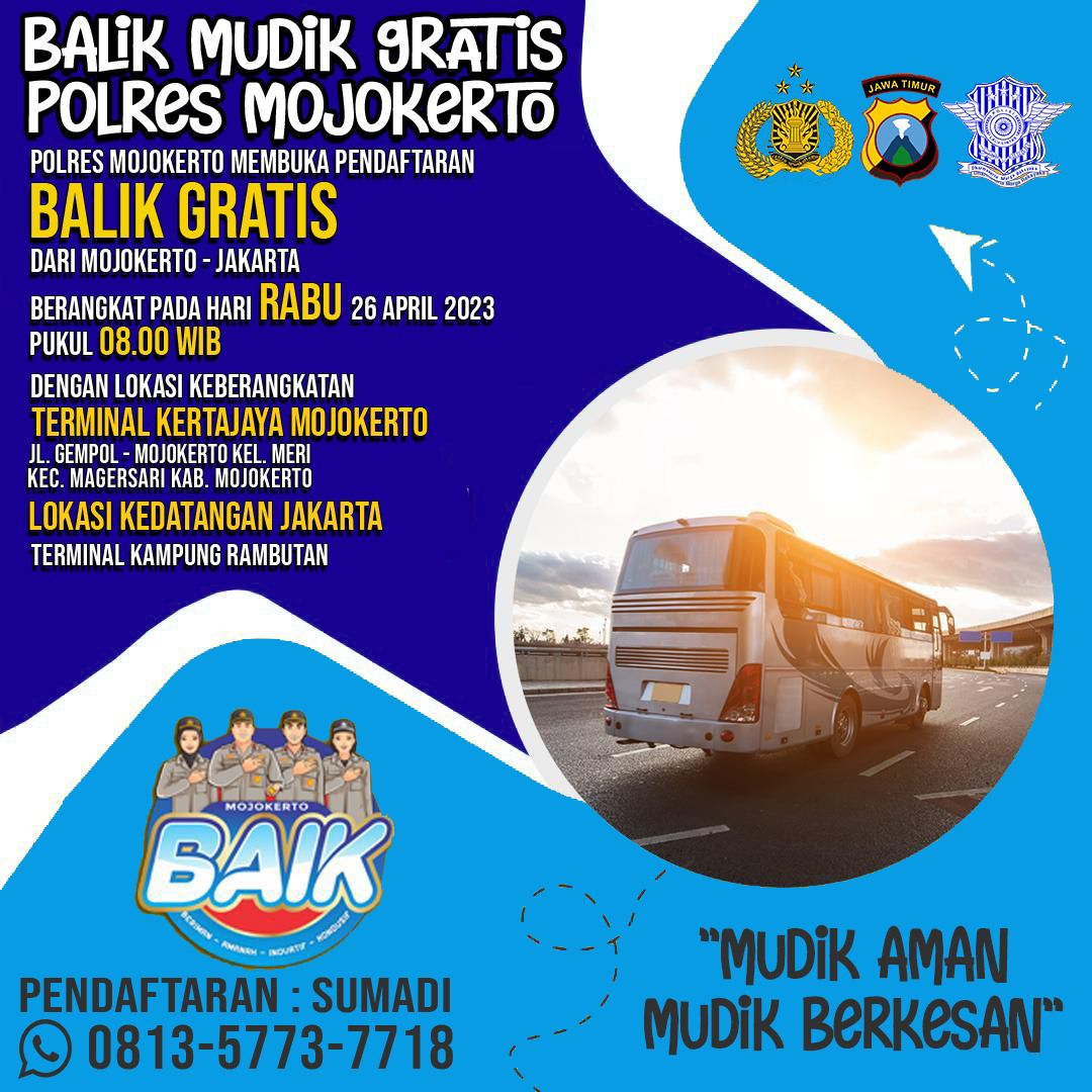Polres Mojokerto Berikan Layanan Balik Mudik Gratis ke Jakarta