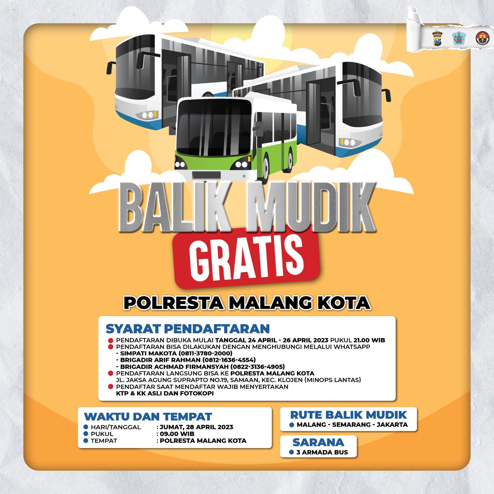 Polresta Malang Kota Buka Layanan Balik Mudik Gratis Tujuan Semarang 